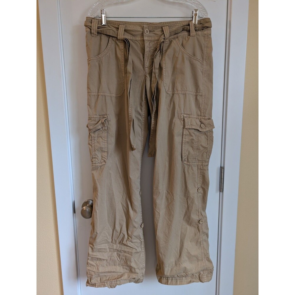 Vintage Y2K Express Baggy Low Rise Wide Leg Cargo Pants Tan Preppy Trendy Tie 10